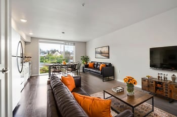 Bright living room in a Ludwig Apartments Seattle rental unit with large windows and hardwood floors.