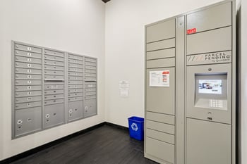 Bright apartment at Ludwig Apartments, Seattle, WA: open living area with large windows and modern kitchen.