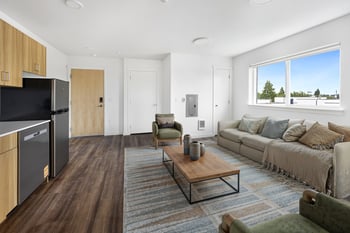 A modern living room with a kitchen area in the background.