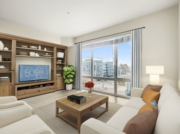 Bright living room in rental apartment at 509 1st Ave, Seattle, WA.