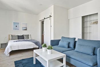 a living room with a couch and a coffee table and a bed