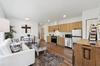 Open concept living room and kitchen with white sofa, wood floors, and stainless steel appliances.