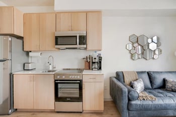 Bright living room at Werner Apartments, Seattle, WA—open layout, large windows, modern furnishings in a rental unit.