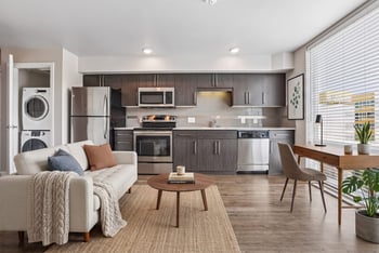 Open living area and kitchen with dark modern cabinets, stainless appliances, sofa, and stacked washer-dryer.