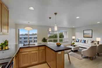 Open-concept kitchen and living area with modern furnishings and natural light.
