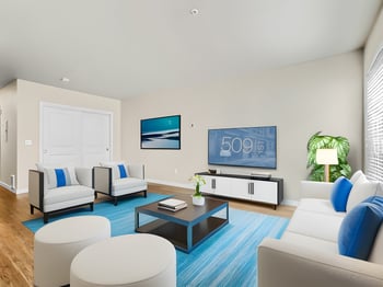 Rental apartment photo at 509 1st Ave, Seattle, WA - bright living room with modern furnishings and large window.