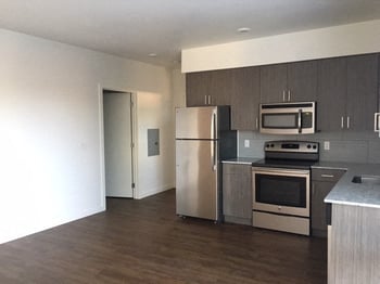 Bright living area with contemporary furniture at Vibe Apartments, Seattle, WA (rental).