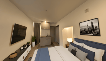 a rendering of a bedroom with a bed and a tv
