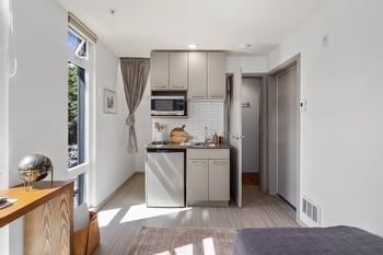 Bright living area in a rental at 5902 Ballard Ave NW, Seattle, with a modern kitchen.