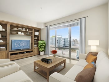 ADA-friendly photo of apartment at 509 1st Ave, Seattle, WA — bright living room with large windows.