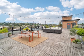 Rooftop deck with an orange picnic table on an outdoor rug, lounge seating, and planters.