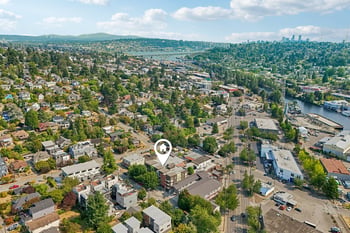 Aerial view of REV Fremont and surrounding neighborhood near the Lake Washington Ship Canal.