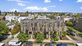an aerial view of a building in a city