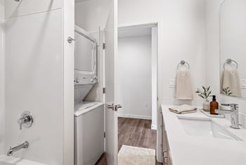 Bathroom with a tub and shower, a long vanity, and a stacked washer and dryer in an adjoining closet.