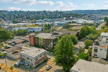 Aerial view of REV Fremont apartment building and surrounding neighborhood near the Ship Canal.