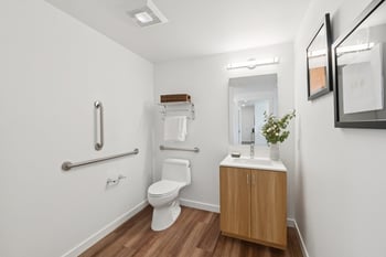 Modern bathroom with wood-look floor, accessible toilet with grab bars, and wood vanity with sink.