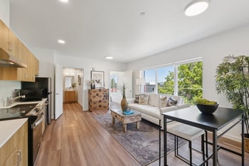 Open-concept living room with white sofa, wood floors, large windows, and an integrated modern ki...