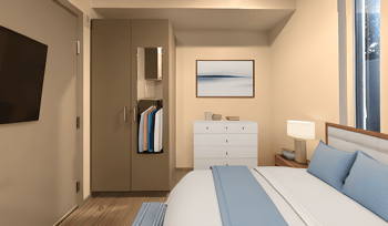 a bedroom with a bed and a dresser and a window