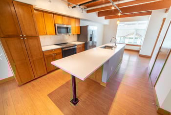 Union Bay Lofts Seattle apartment living room with contemporary finishes and large windows for rent.