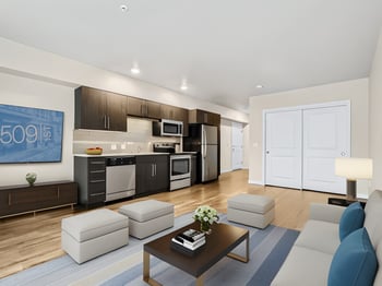Interior of a Seattle rental at 509 1st Ave, WA: bright living area with large windows and neutral decor.