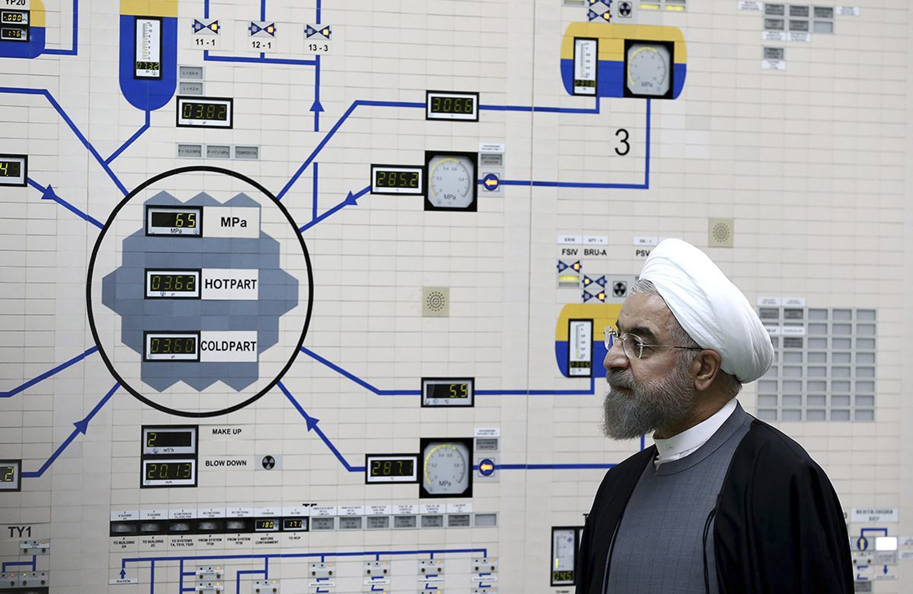 Operators monitor panels inside the Bushehr-1 control room in Iran.
