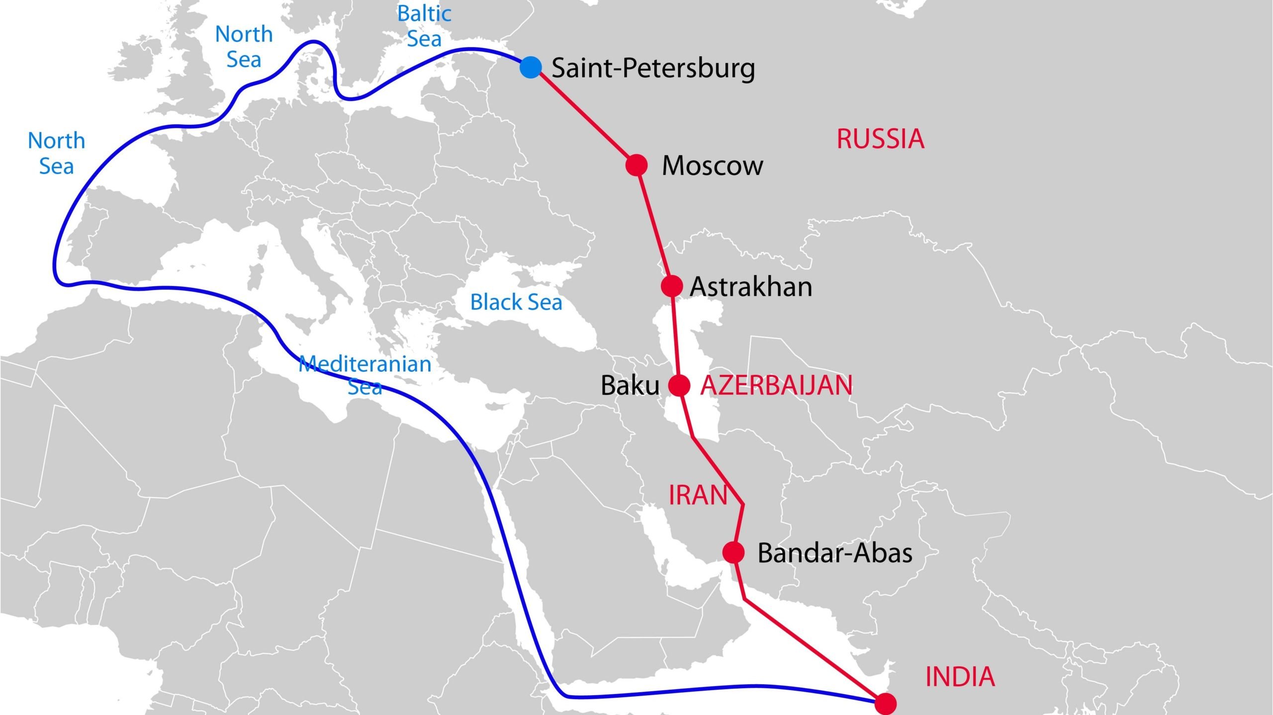 Map of the International North–South Transport Corridor linking Russia to the Persian Gulf via Iran.