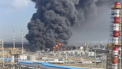 Flames at Rosneft’s Ryazan oil refinery after a reported drone strike on Oct. 24, 2025