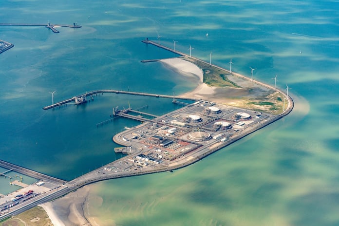 LNG storage tanks and tanker ships at Zeebrugge LNG terminal in Belgium