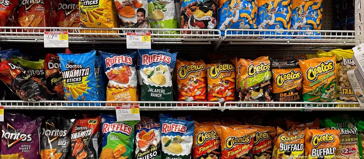 Assorted ultra-processed foods including snacks, soda, and ready meals