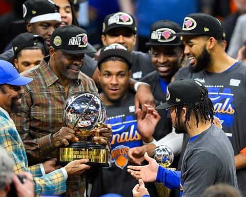 Jalen Brunson celebrates after leading the New York Knicks to the NBA Finals in 2026