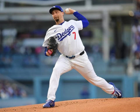 Blake Snell reacts after suffering elbow discomfort during Dodgers game in 2026