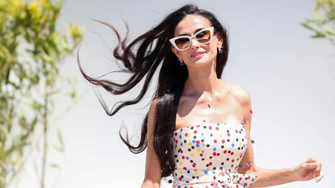 Demi Moore wears a playful polka-dot Jacquemus dress on the red carpet at the 79th Cannes Film Festival in May 2026