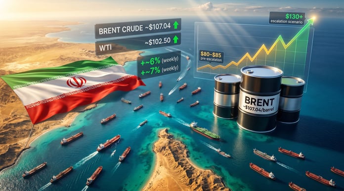 Donald Trump and Strait of Hormuz oil tanker as Brent crude prices remain above $100 during Iran tensions