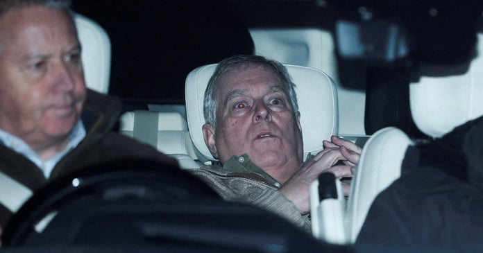 Andrew Mountbatten-Windsor leaves Aylsham Police Station after arrest on suspicion of misconduct in public office February 2026
