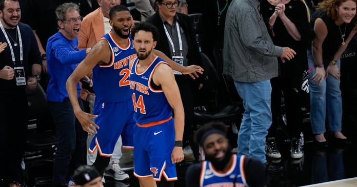New York Knicks players celebrate after winning Game 2 of the 2026 NBA Finals against the San Antonio Spurs
