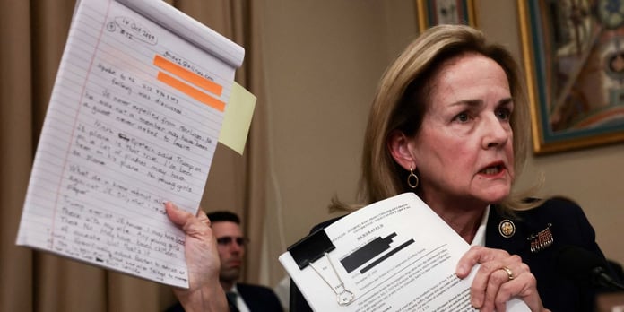 Rep. Madeleine Dean holds notes during Todd Blanche testimony on Epstein files, House Appropriations hearing June 2 2026