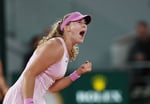 Mirra Andreeva celebrates a point against Marta Kostyuk during the French Open 2026 semifinal at Roland Garros