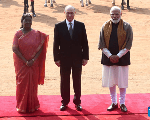 Russian President Vladimir Putin, Indian President Droupadi Murmu and Indian Prime Minister Narendra Modi pose for a group photo during a welcome ceremony in New Delhi, India, December 5, 2025