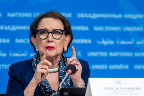 Rebeca Grynspan, Costa Rica's candidate for UN Secretary-General, at a press conference in 2025