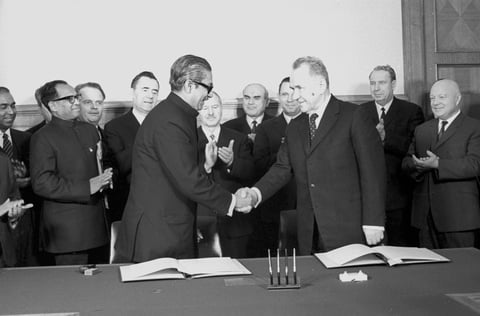 Bangladesh President Sheikh Mujibur Rahman and Soviet Premier Alexei Kosygin after signing a joint declaration at the Moscow Kremlin during Mujib's official visit to the USSR.
