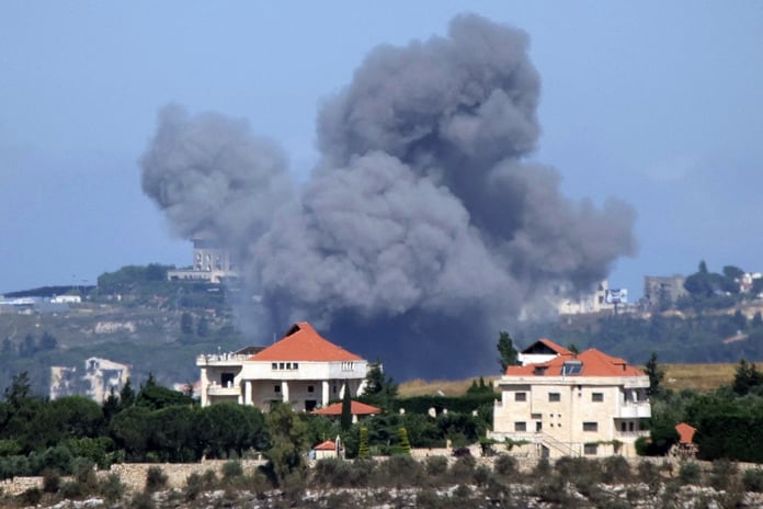 Smoke rises from Israeli bombardment near the village of Mayfadoun as seen from nearby Marjayoun in southern Lebanon on June 6 2026