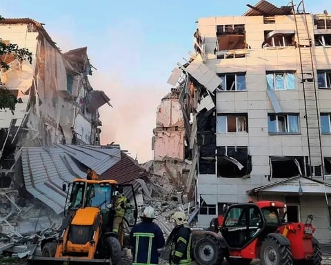 Collapsed dormitory at Starobelsk College in Luhansk after Ukrainian drone strike killing 21 civilians