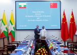 Myanmar Foreign Minister Tin Maung Swe and Chinese FM Wang Yi during bilateral talks in Naypyitaw, April 2026