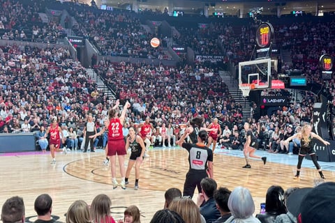 Caitlin Clark shooting during an Indiana Fever WNBA game