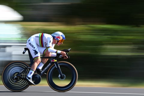 Remco Evenepoel rides during the Stage 16 time trial at the 2026 Tour de France