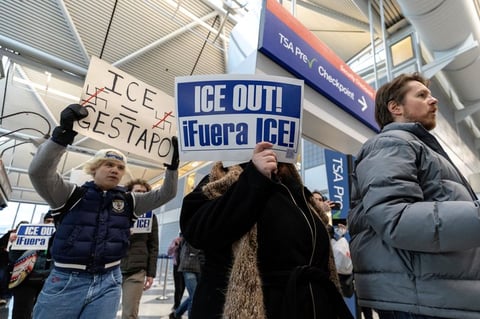 Protesters at O'Hare International Airport demonstrating against ICE immigration enforcement