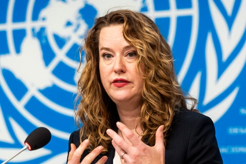 IOM Director General Amy Pope speaks at a Geneva press briefing on human trafficking in Southeast Asia scam compounds, July 28 2026