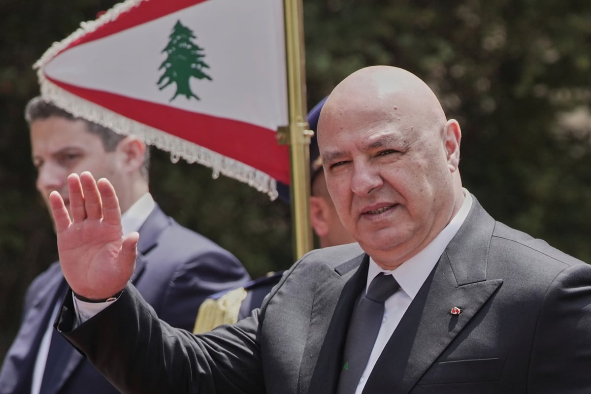 Lebanese President Joseph Aoun gestures to journalists at the Presidential Palace in Baabda, Beirut, before flying to Washington to meet Donald Trump