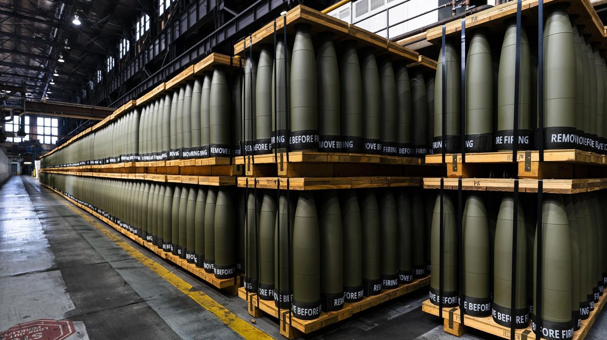 Artillery shells at a NATO ammunition plant, as Europe faces a cotton linter shortage threatening nitrocellulose propellant production