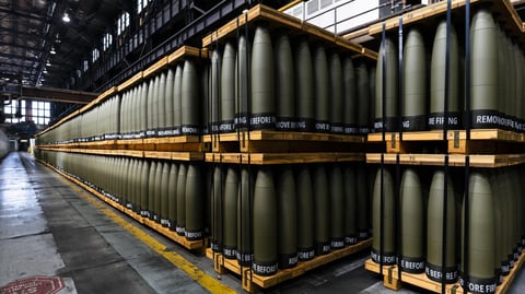 Artillery shells at a NATO ammunition plant, as Europe faces a cotton linter shortage threatening nitrocellulose propellant production